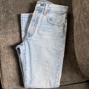 Levi's 501 Light Wash Straight Short Petite Whiskering Blue High Rise Distressed